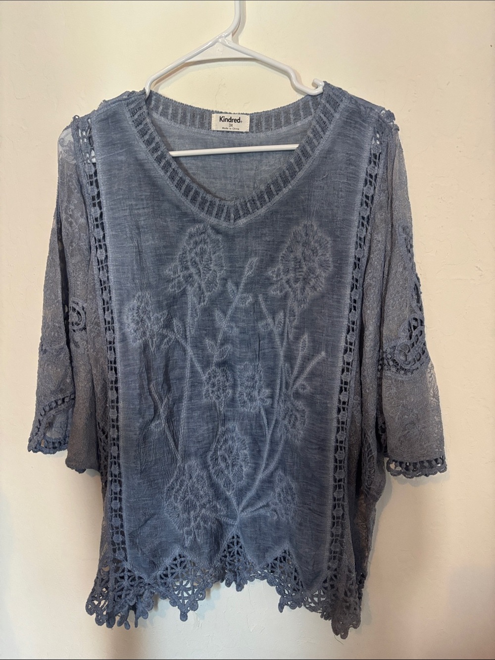 Kindred Blue Floral Crochet Trim Tunic Top